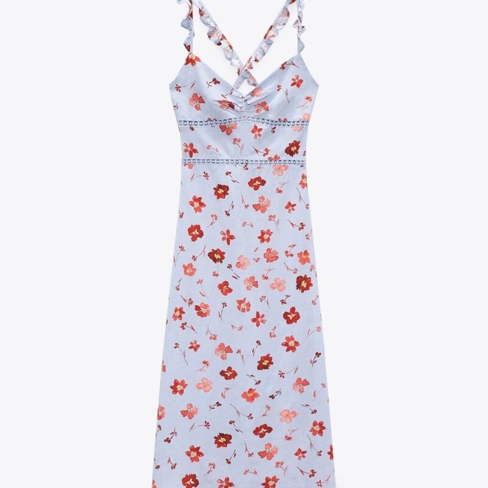 Zara Red and Pink Floral Midi Slip Dress Sleeveless